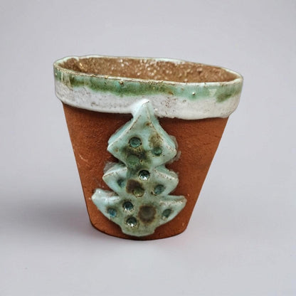 Reindeer & Pine Ceramic Planters – Set of 2 Hygge Terracotta Vessels, Ø8.5×7.5 cm by Red Raven Pottery