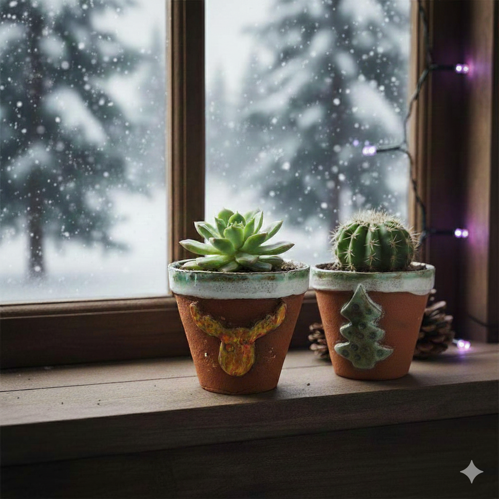 Reindeer & Pine Ceramic Planters – Set of 2 Hygge Terracotta Vessels, Ø8.5×7.5 cm by Red Raven Pottery