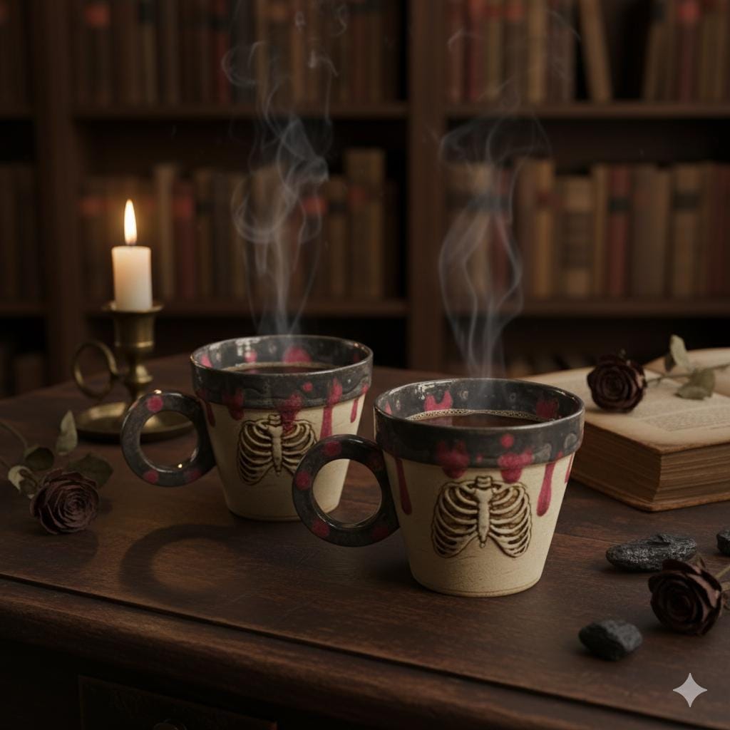 Ribcage Carnage Coffee Cup – Set of 2 Bonebound Contemplations, Ø8.5×7.5 cm by Red Raven Pottery