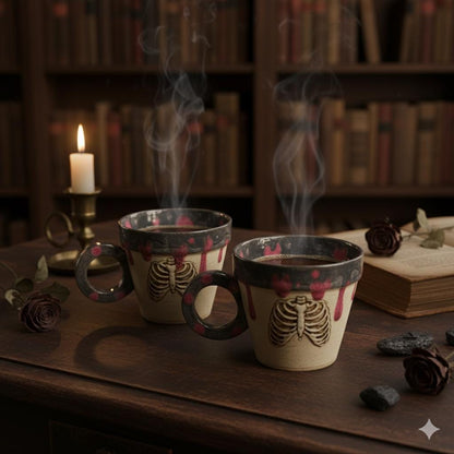 Ribcage Carnage Coffee Cup – Set of 2 Bonebound Contemplations, Ø8.5×7.5 cm by Red Raven Pottery