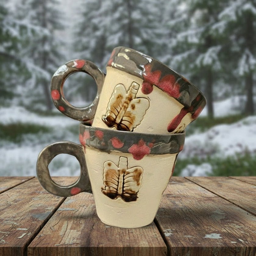 Ribcage Carnage Coffee Cup – Set of 2 Bonebound Contemplations, Ø8.5×7.5 cm by Red Raven Pottery