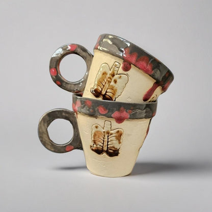 Ribcage Carnage Coffee Cup – Set of 2 Bonebound Contemplations, Ø8.5×7.5 cm by Red Raven Pottery