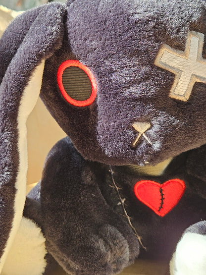 Broken Heart Black Bunny – 22cm Gothic Plush Toy with Embroidered Red Heart