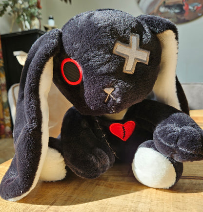 Broken Heart Black Bunny – 22cm Gothic Plush Toy with Embroidered Red Heart