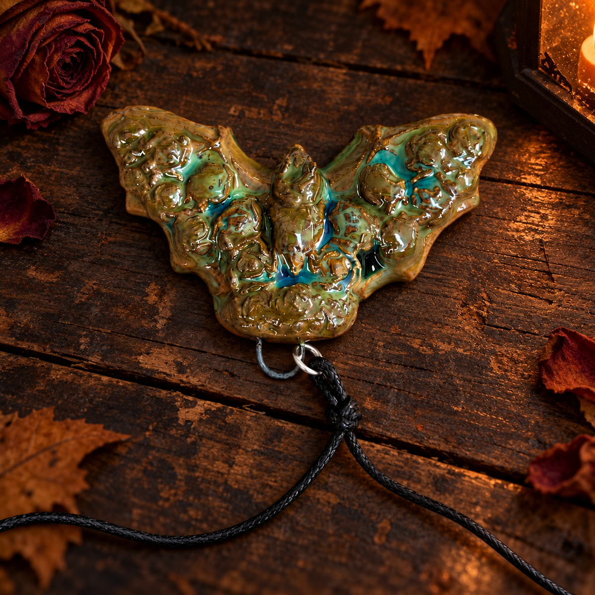 Rosewing Bat Handmade Ceramic Necklace – Gothic Floral Pendant, 7.5 × 4.5 × 1 cm by Red Raven Pottery