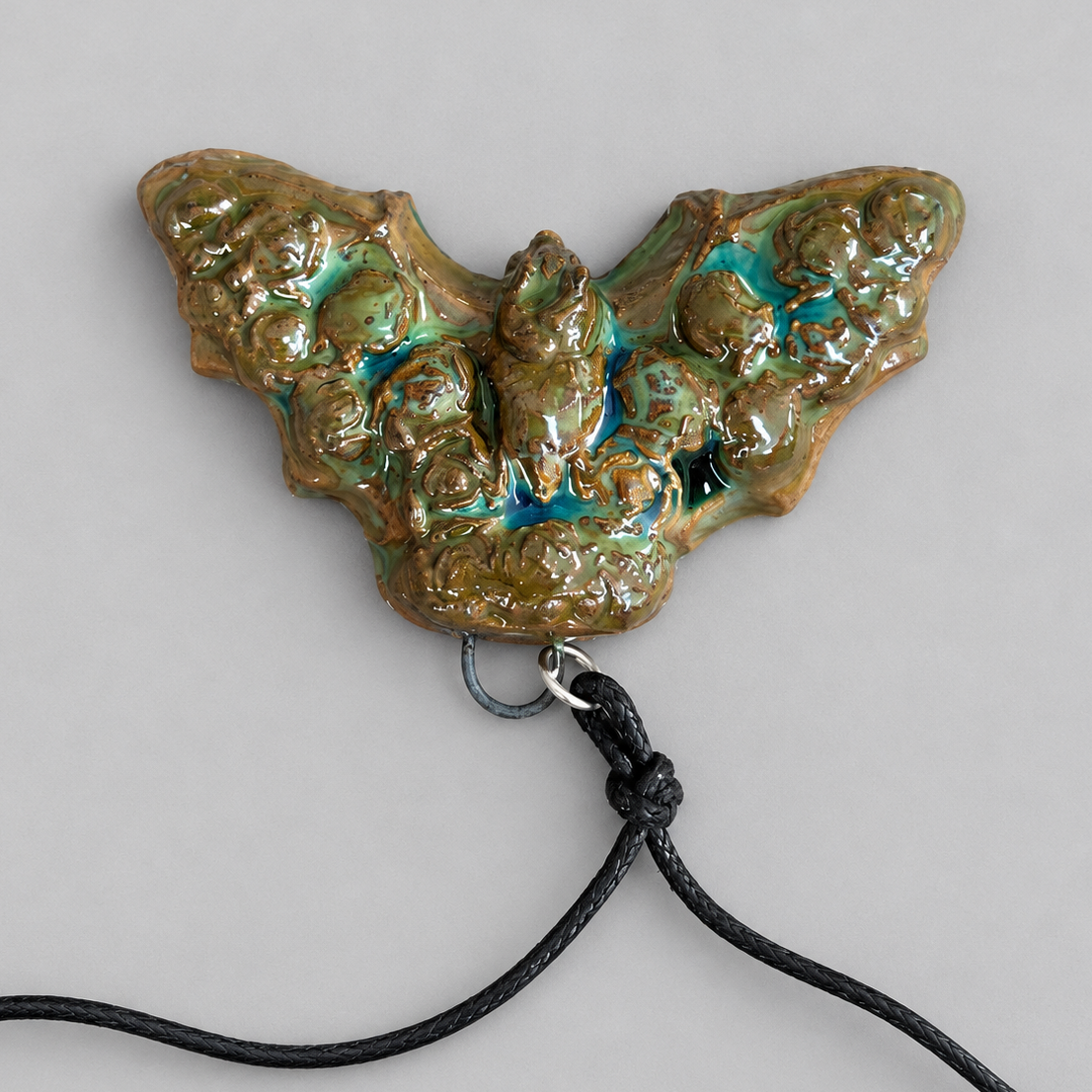 Rosewing Bat Handmade Ceramic Necklace – Gothic Floral Pendant, 7.5 × 4.5 × 1 cm by Red Raven Pottery