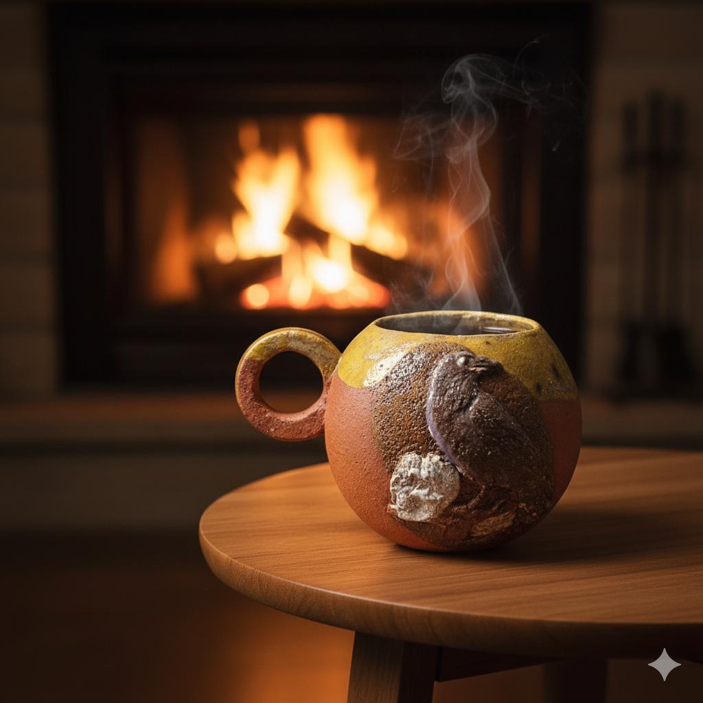 Rustic Nevermore Ceramic Tea Mug – Comfort Vessel for Shadowed Mornings, Ø11×9.5 cm by Red Raven Pottery