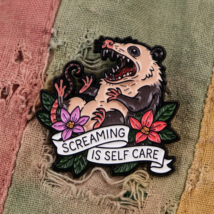 Screaming Is Self Care Enamel Pin – Frantic Opossum Metal Badge, 3.7 × 3.5 cm