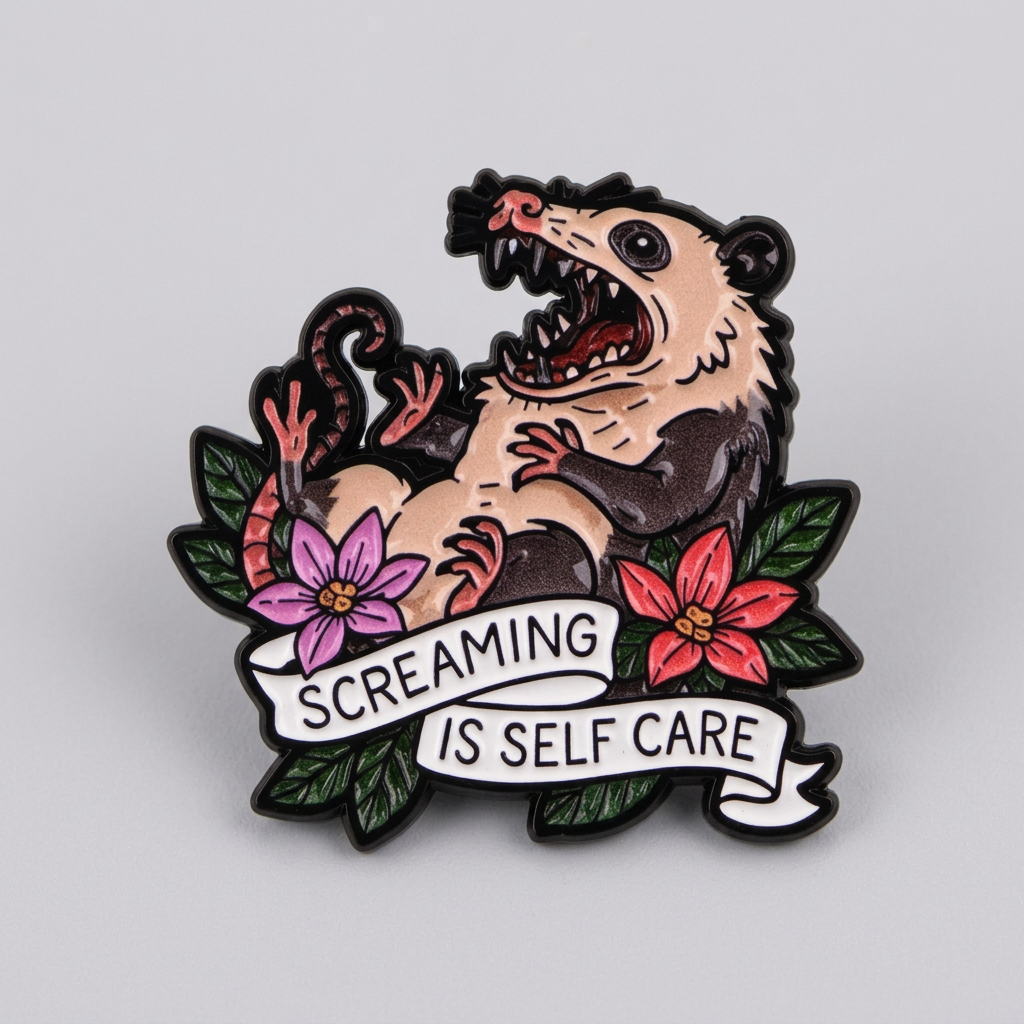 Screaming Is Self Care Enamel Pin – Frantic Opossum Metal Badge, 3.7 × 3.5 cm