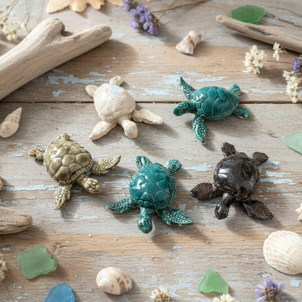 Sea Turtle Ceramic Figurine – Small Guardian Trinket, 5.5×5.5×1.5 cm by Red Raven Pottery