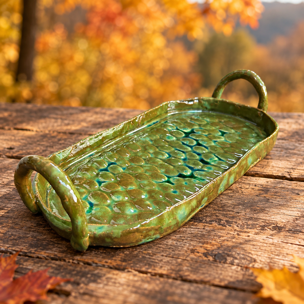 Serpent Pool Handmade Ceramic Serving Tray – Reptilian Waters, 32 × 16 × 3 cm by Red Raven Pottery