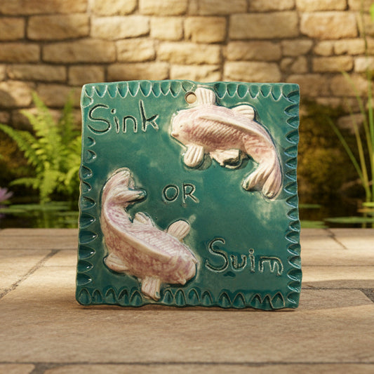Sink or Swim Ceramic Tile – A Reminder to Keep Going, 9 × 9 × 1.5 cm by Red Raven Pottery
