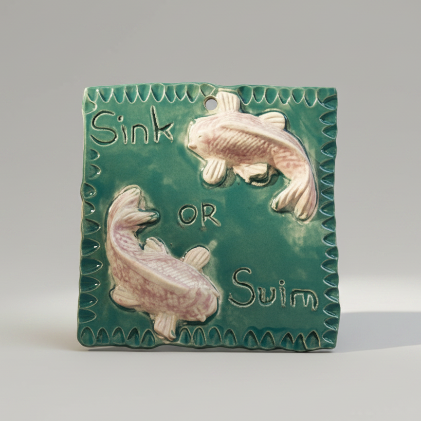 Sink or Swim Ceramic Tile – A Reminder to Keep Going, 9 × 9 × 1.5 cm by Red Raven Pottery