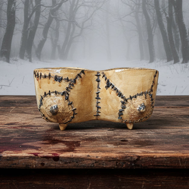 Skin Stitch Ceramic Duo Planter – Macabre Centerpiece Vessel, Ø25×11.5×12 cm by Red Raven Pottery