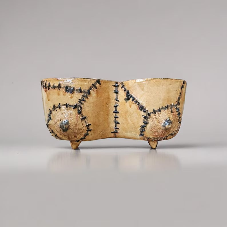 Skin Stitch Ceramic Duo Planter – Macabre Centerpiece Vessel, Ø25×11.5×12 cm by Red Raven Pottery