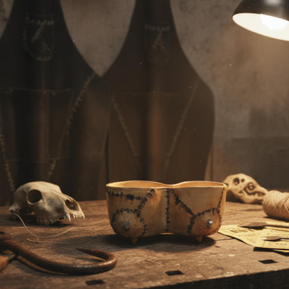 Skin Stitch Ceramic Duo Planter – Macabre Centerpiece Vessel, Ø25×11.5×12 cm by Red Raven Pottery