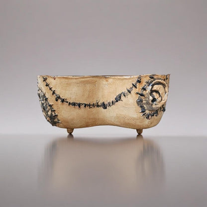 Skin Stitch Ceramic Duo Planter – Macabre Centerpiece Vessel, Ø25×11.5×12 cm by Red Raven Pottery