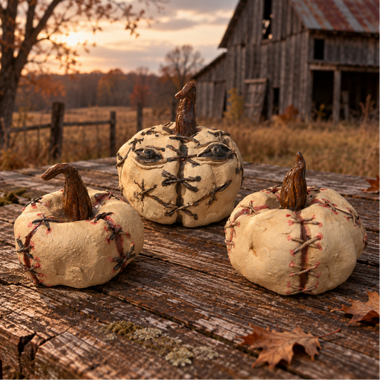 Skin Stitch Handmade Ceramic Pumpkins – Macabre Halloween Figurines, Various Designs by Red Raven Pottery