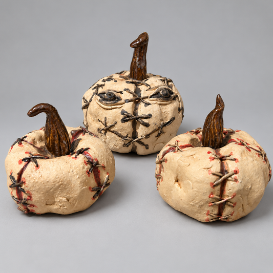 Skin Stitch Handmade Ceramic Pumpkins – Macabre Halloween Figurines, Various Designs by Red Raven Pottery