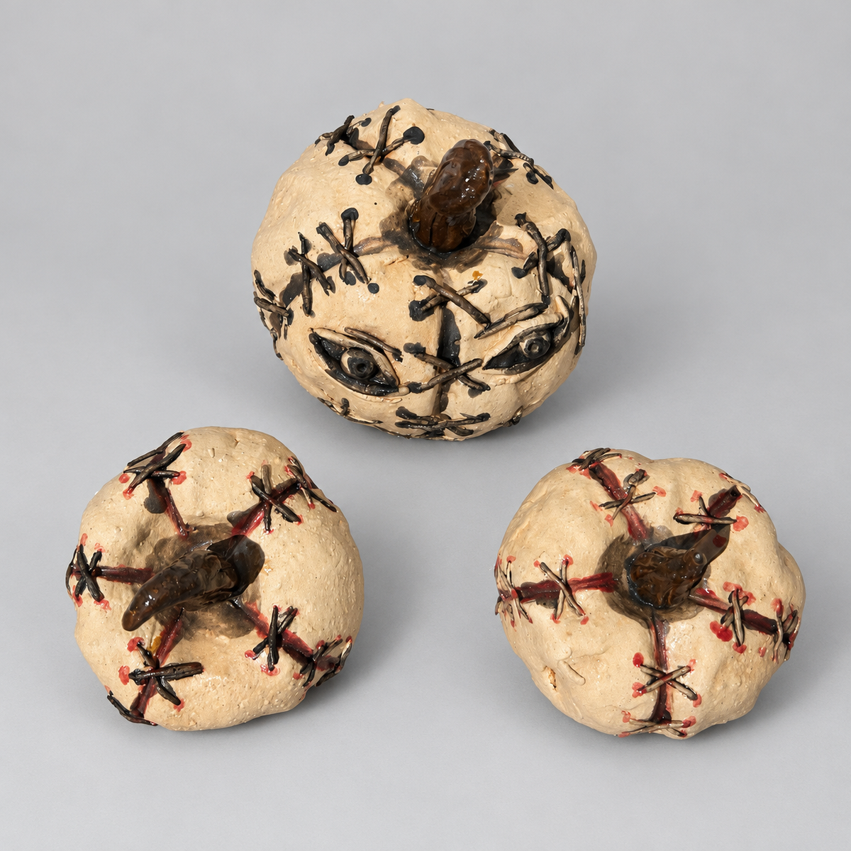 Skin Stitch Handmade Ceramic Pumpkins – Macabre Halloween Figurines, Various Designs by Red Raven Pottery
