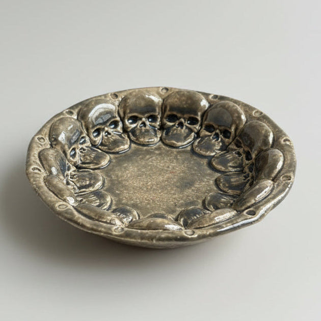 Skull Legion Handmade Ceramic DIsh – Circle of Dark Secrets, Ø15 × 2 cm by Red Raven Pottery
