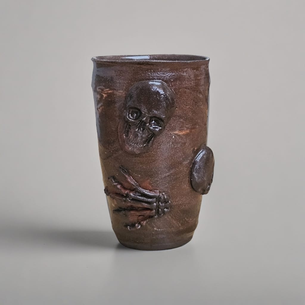 Skull & Skelton Hand Ceramic Tumbler - Remains of Mortality, Ø11×7 cm by Red Raven Pottery