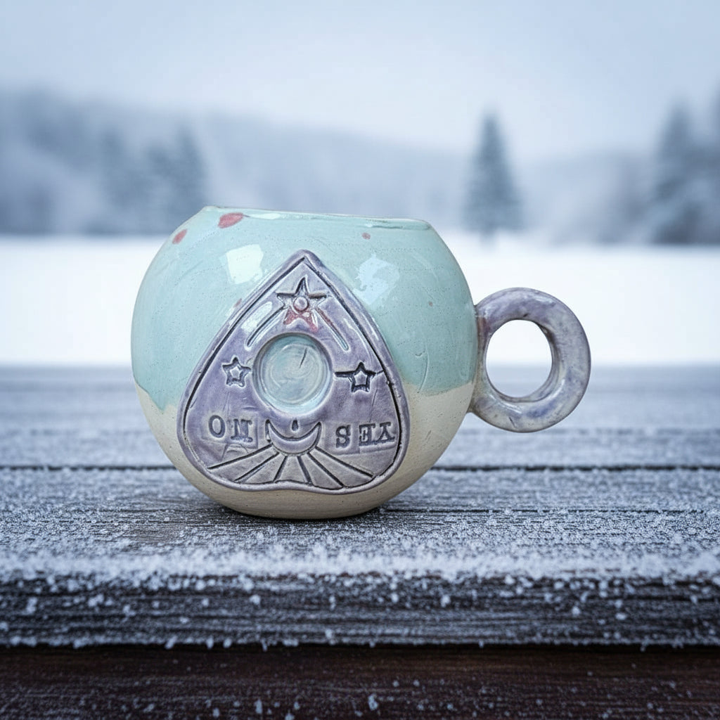 Spectral Planchette Ceramic Tea Mug – Ritual-Bound Vessel, Ø11×9.5 cm by Red Raven Pottery