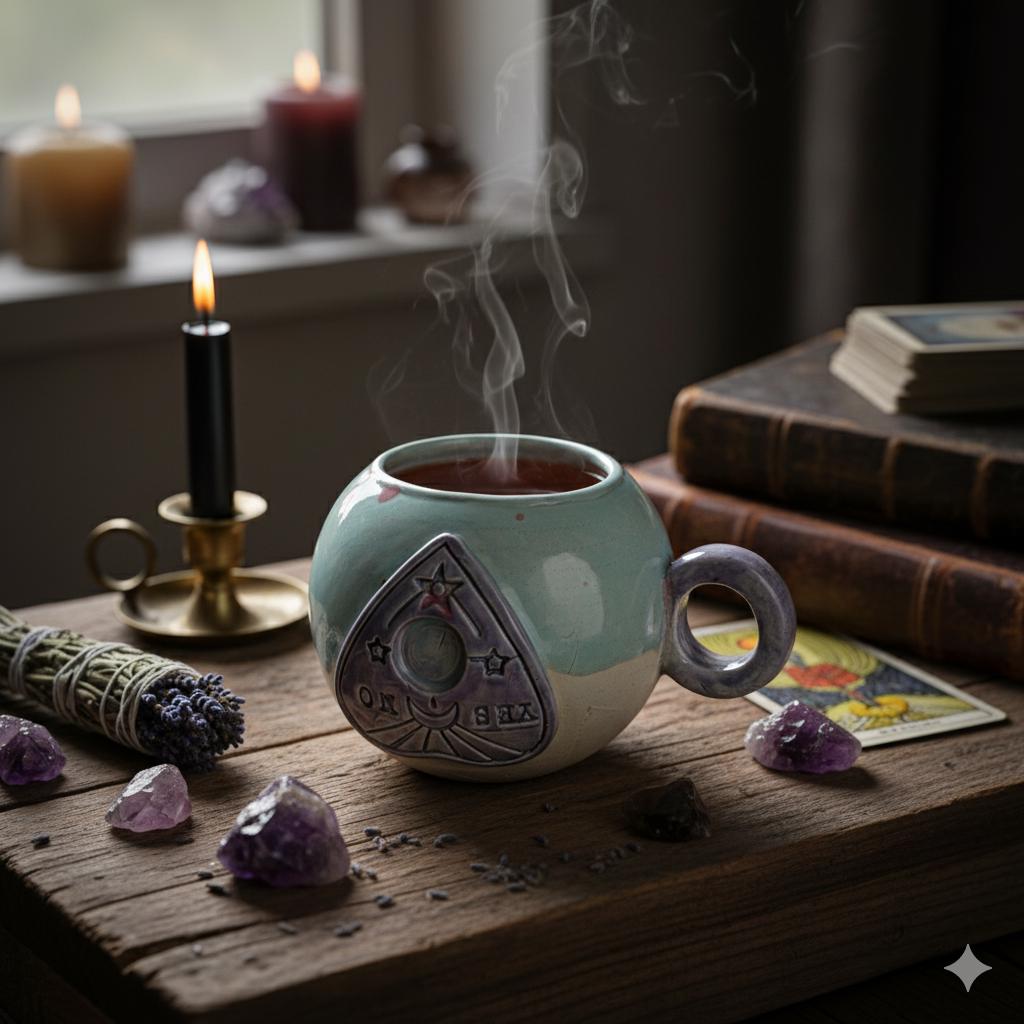 Spectral Planchette Ceramic Tea Mug – Ritual-Bound Vessel, Ø11×9.5 cm by Red Raven Pottery