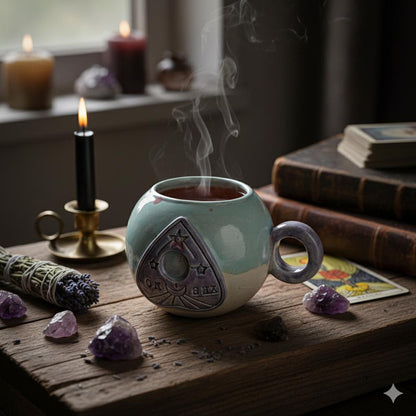 Spectral Planchette Ceramic Tea Mug – Ritual-Bound Vessel, Ø11×9.5 cm by Red Raven Pottery
