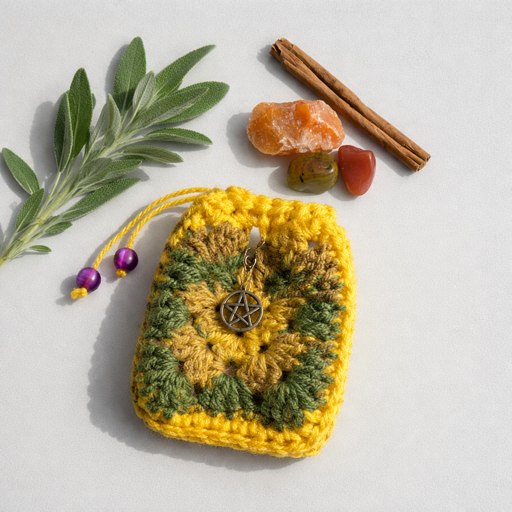 Spellkeeper Crochet Hex Bag – Filled Pentagram Ritual Pouch, 8 × 10 cm by Hook & Hex