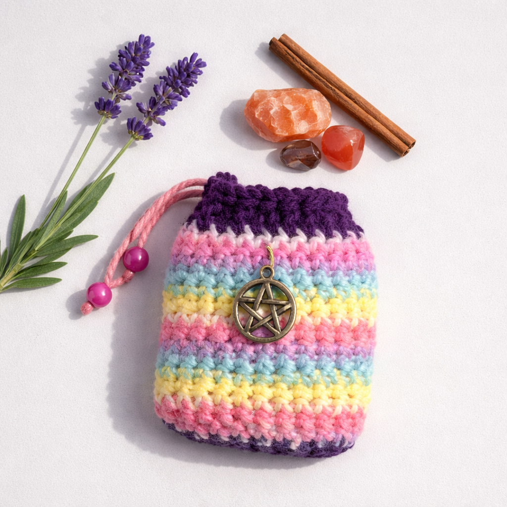 Spellkeeper Crochet Hex Bag – Filled Pentagram Ritual Pouch, 8 × 10 cm by Hook & Hex