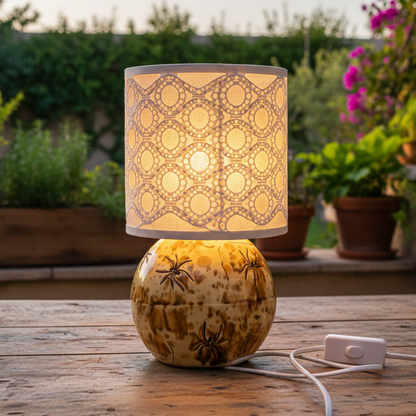 Spider Imprint Ceramic Lamp – Laced Shadows In Light, Ø 14 × 26 cm by Red Raven Pottery