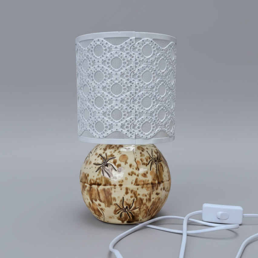 Spider Imprint Ceramic Lamp – Laced Shadows In Light, Ø 14 × 26 cm by Red Raven Pottery