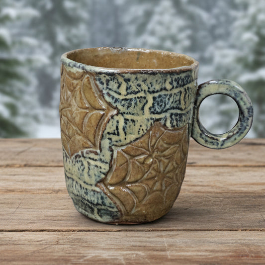 Spiderweb Masonry Ceramic Mug – Stone-Spun Web Vessel, Ø8.5×10 cm by Red Raven Pottery