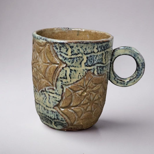 Spiderweb Masonry Ceramic Mug – Stone-Spun Web Vessel, Ø8.5×10 cm by Red Raven Pottery