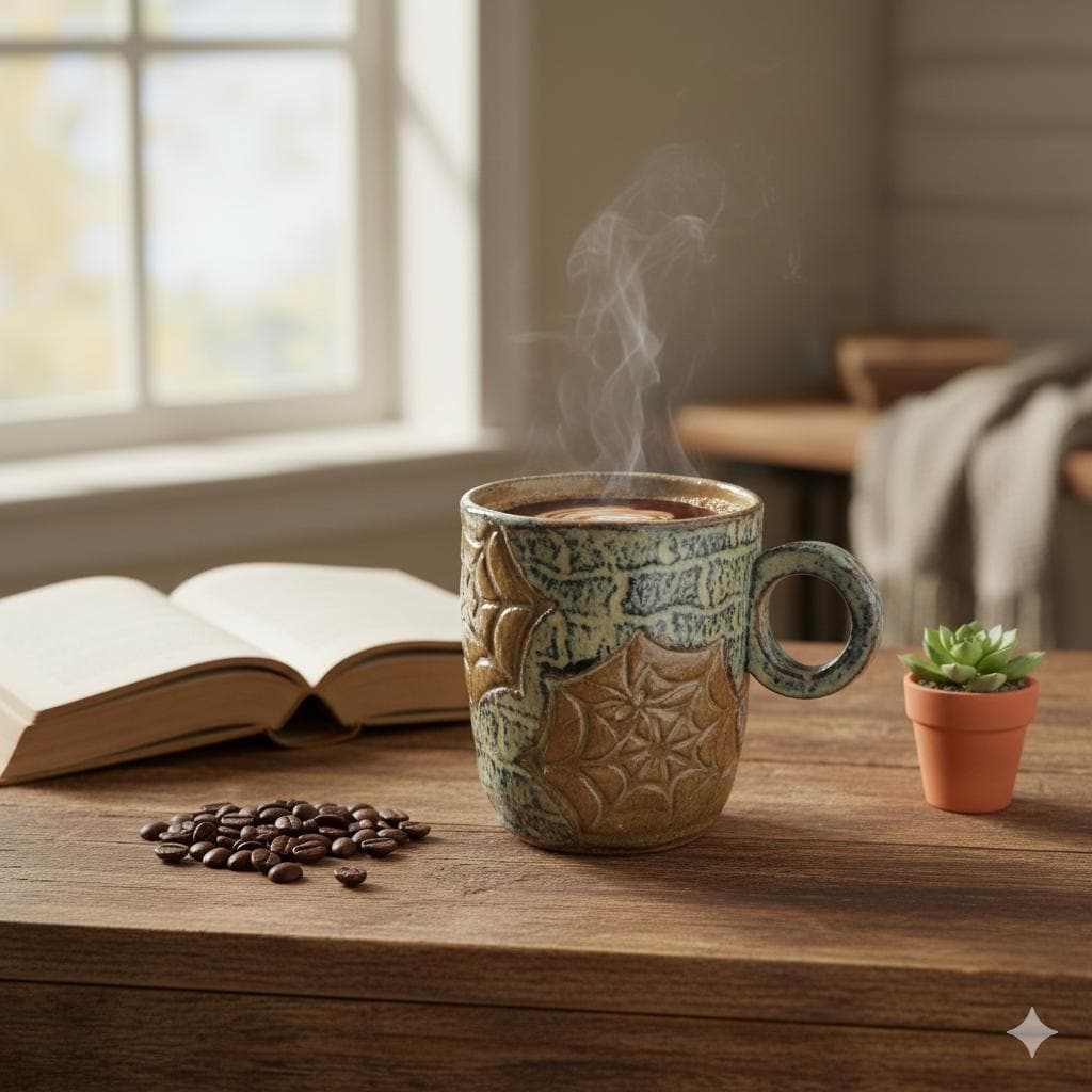 Spiderweb Masonry Ceramic Mug – Stone-Spun Web Vessel, Ø8.5×10 cm by Red Raven Pottery