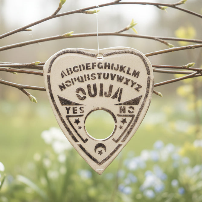 Spirit Board Ceramic Ouija Ornament – Whispered Signs & Still Questions, Ø8×9 cm by Red Raven Pottery