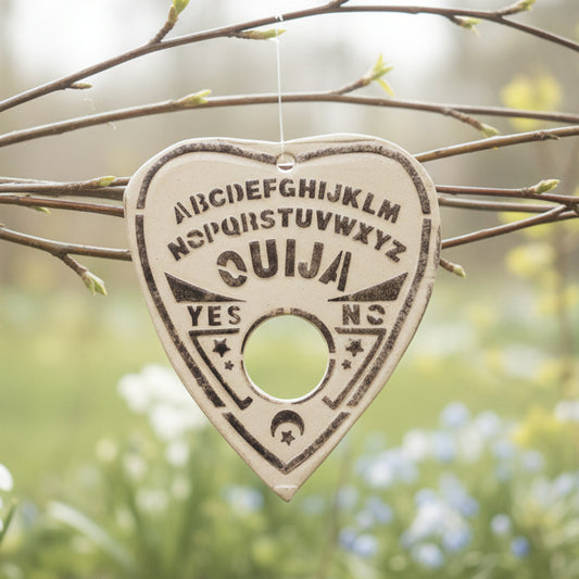 Spirit Board Ceramic Ouija Ornament – Whispered Signs & Still Questions, Ø8×9 cm by Red Raven Pottery