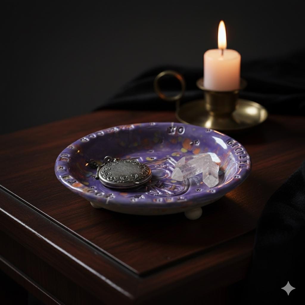 Spirit-Board Planchette Ceramic Plate – Gateway For Quiet Offerings, Ø16×3 cm by Red Raven Pottery