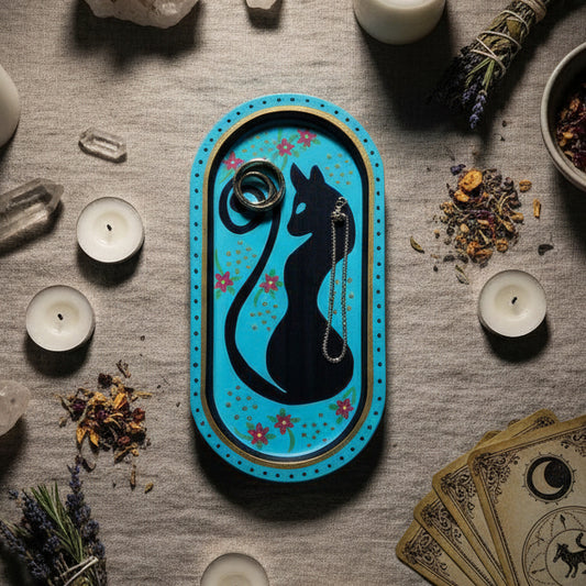 Spirit Cat Jewelry Dish – Hand-Painted Bamboo Trinket Tray, 20 × 10 cm by Hook & Hex