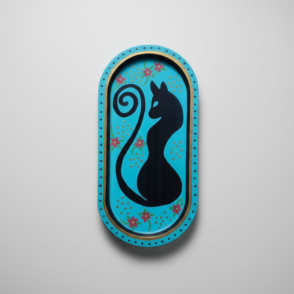Spirit Cat Painted Tray – Celestial Jewelry & Trinket Dish, 20 × 10 cm by Hook & Hex