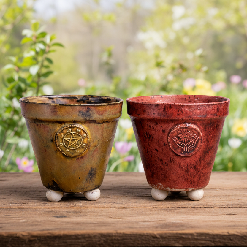Spirit Sigil Ceramic Planter – Symbols of Grounded Intention, Ø9×8 cm by Red Raven Pottery