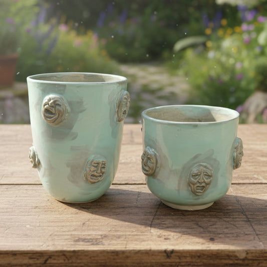 Split Persona Ceramic Mugs – Inner Selves Expression, Ø8.5×8 cm & Ø8.5×10 cm by Red Raven Pottery