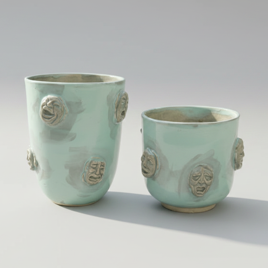 Split Persona Ceramic Mugs – Inner Selves Expression, Ø8.5×8 cm & Ø8.5×10 cm by Red Raven Pottery