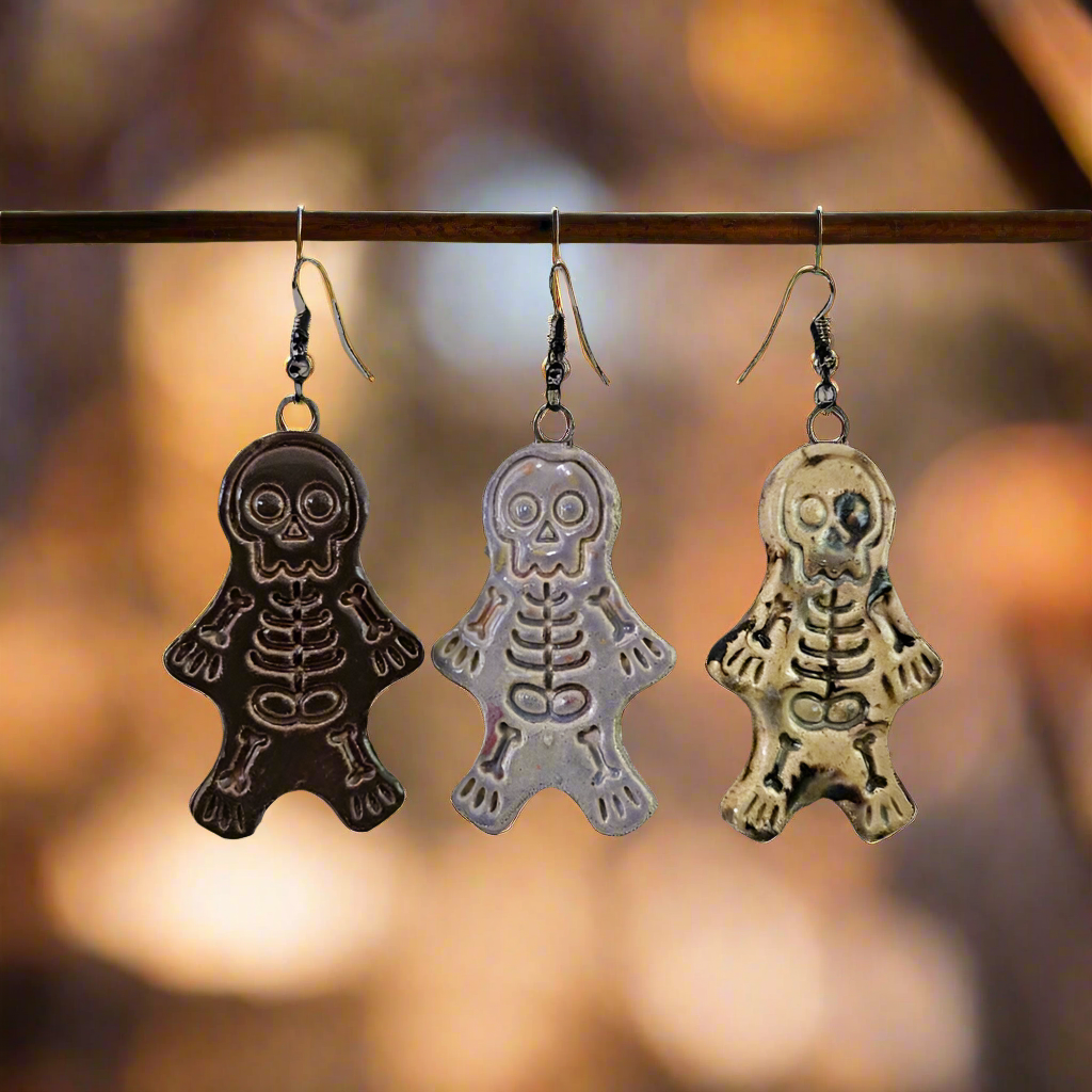 Spooky Scary Skeleton Earrings – Eerie Ceramic Charms, 6×3 cm by Red Raven Pottery