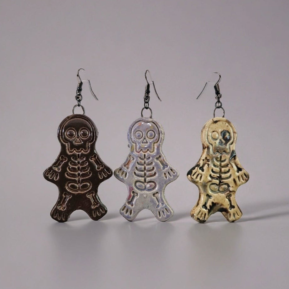 Spooky Scary Skeleton Earrings – Eerie Ceramic Charms, 6×3 cm by Red Raven Pottery