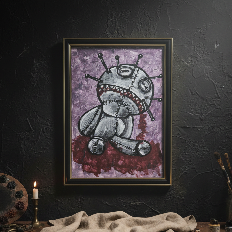 Stitched Fate Original Acrylic Painting – Voodoo Doll Wall Art, 35×26 cm by Hook & Hex
