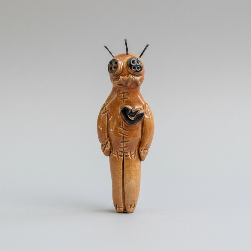 Stitched Poppet Ceramic Figurine – Voodoo Protector, 8 × 3 × 1.5 cm by Red Raven Pottery
