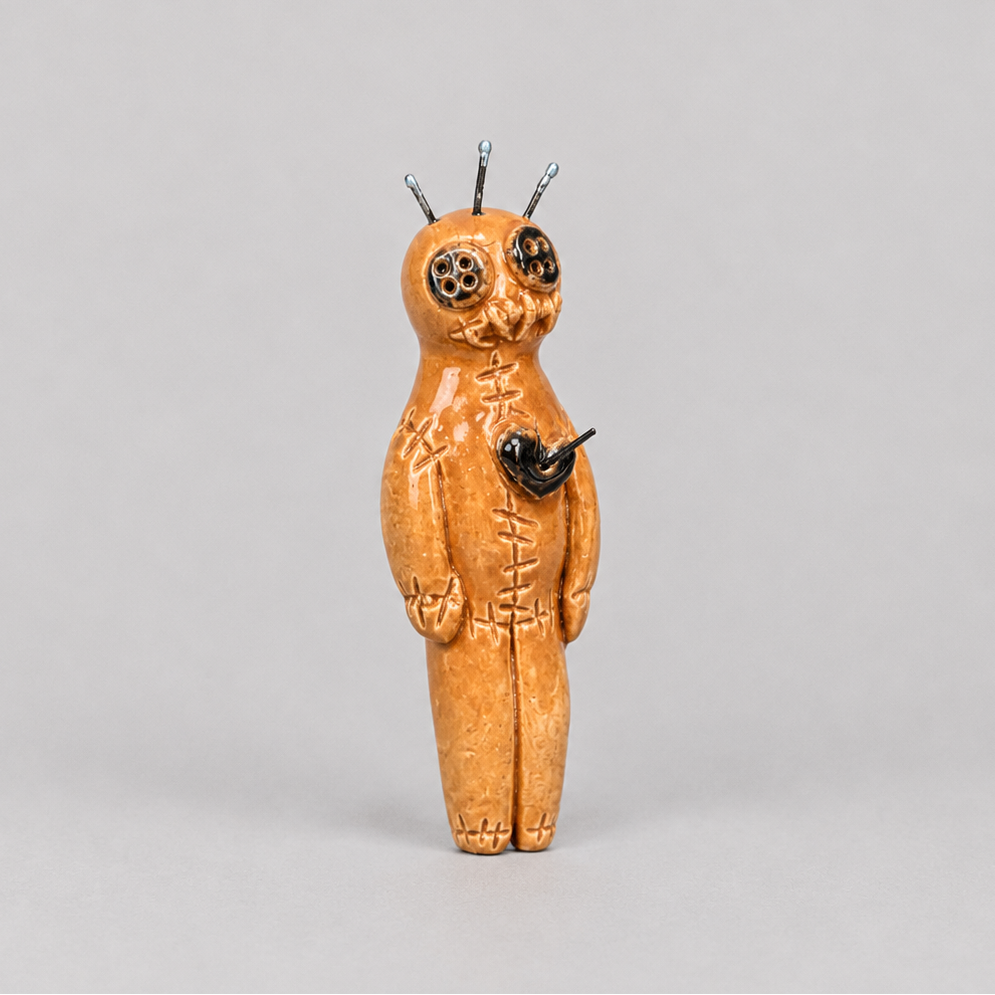 Stitched Poppet Ceramic Figurine – Voodoo Protector, 8 × 3 × 1.5 cm by Red Raven Pottery