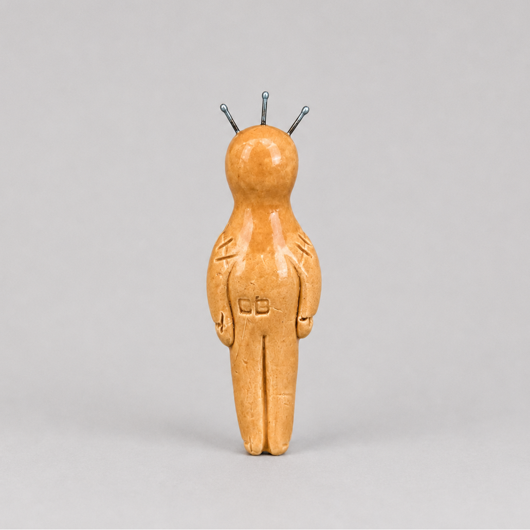 Stitched Poppet Ceramic Figurine – Voodoo Protector, 8 × 3 × 1.5 cm by Red Raven Pottery